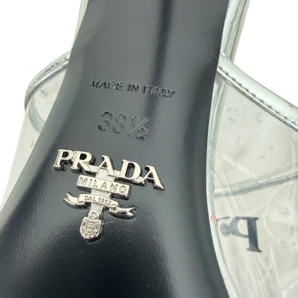 Prada Plex Transparent Pvc Triangle Logo Mule Sandals Silver Size 38.5 - Picture 10 of 10